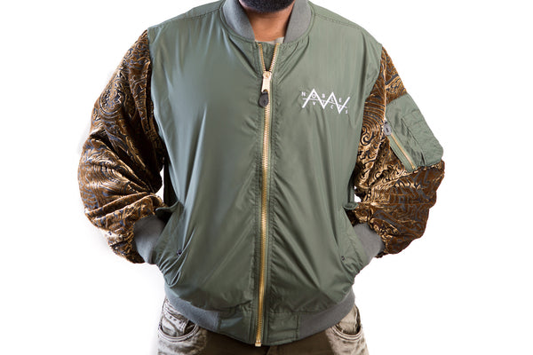 Olive Green Embroidered Logo with Custom Velvet Sleeves Jacket