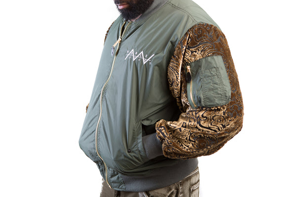 Olive Green Embroidered Logo with Custom Velvet Sleeves Jacket