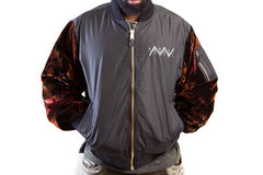 Black Flight Jacket with Custom Burgundy Velvet Sewn Sleeves