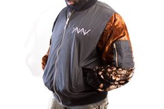 Black Flight Jacket with Custom Velvet Sewn Sleeves