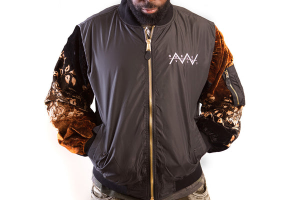 Black Flight Jacket with Custom Velvet Sewn Sleeves